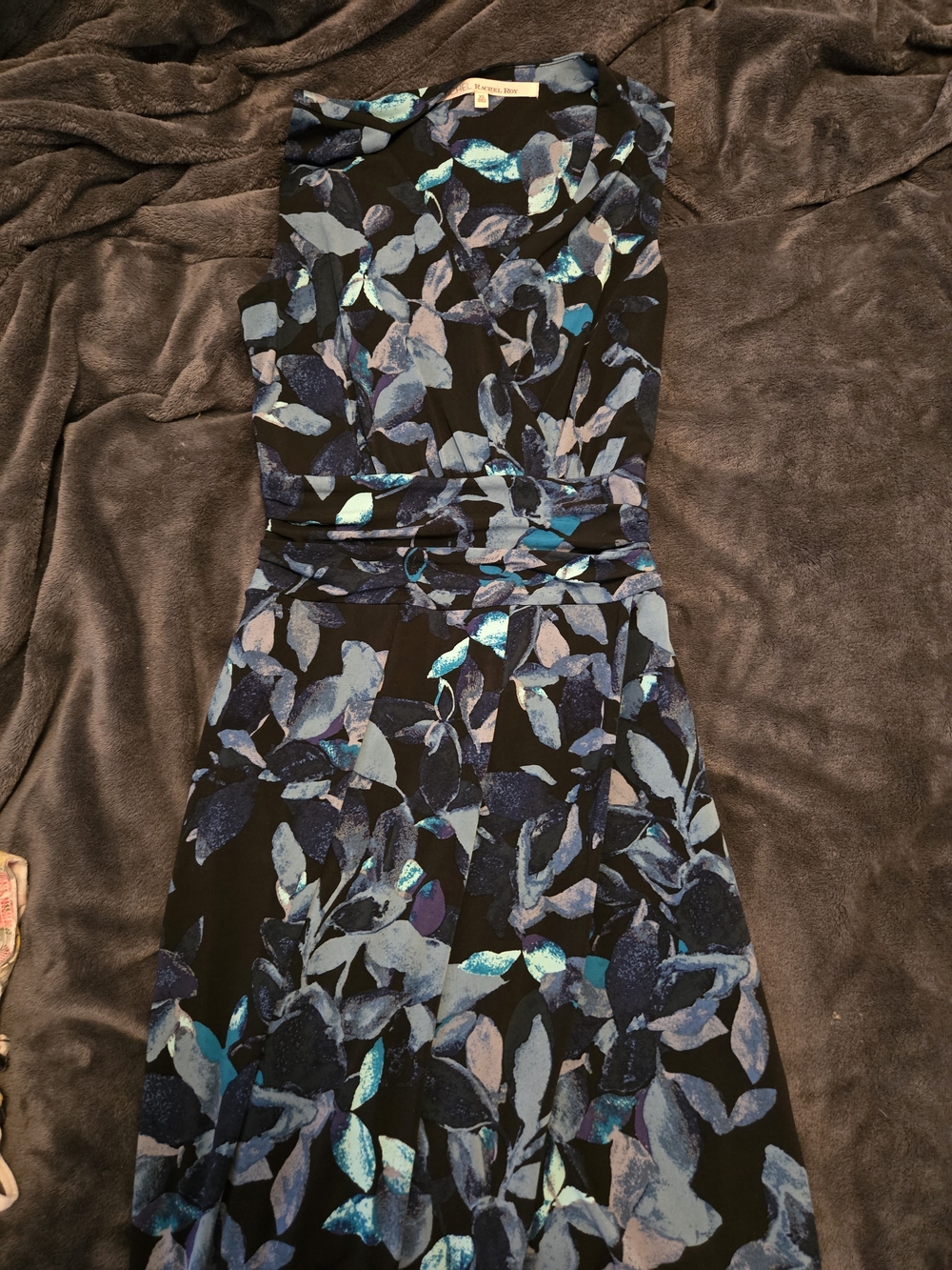 RACHEL Rachel Roy Black Midi Dress with Blue Leaf Print